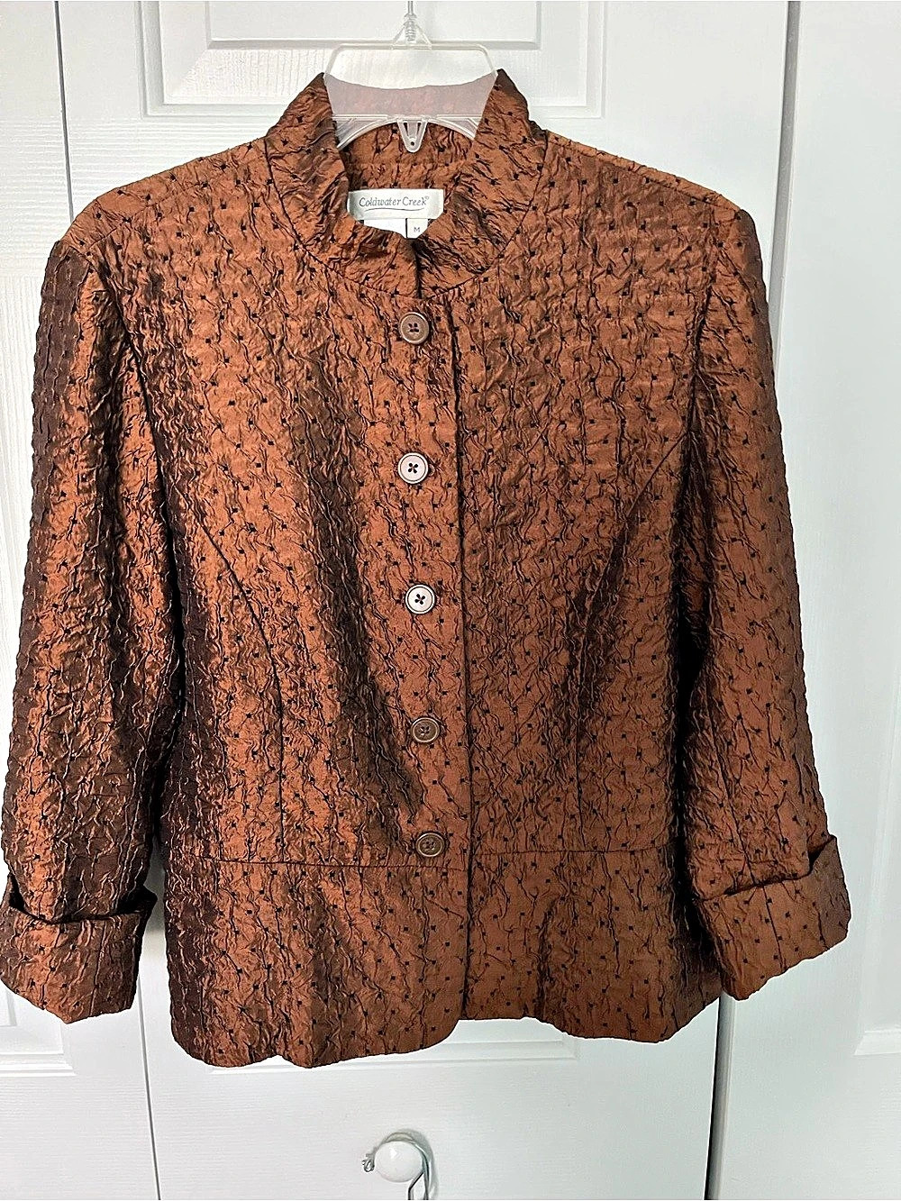 Coldwater Creek Textured Button Front Straight Collar Jacket in Copper Brown
